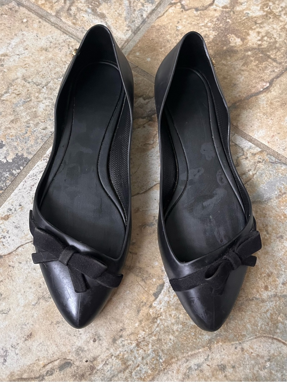 Classic Black Jelly Pointed Ballet Flats with Bow Accent